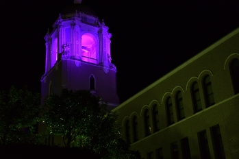 紫色にライトアップされたあおい塔