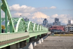 安倍川橋西交差点から見た安倍川橋の写真