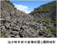 仙水峠手前の岩塊斜面と風隙地形の写真